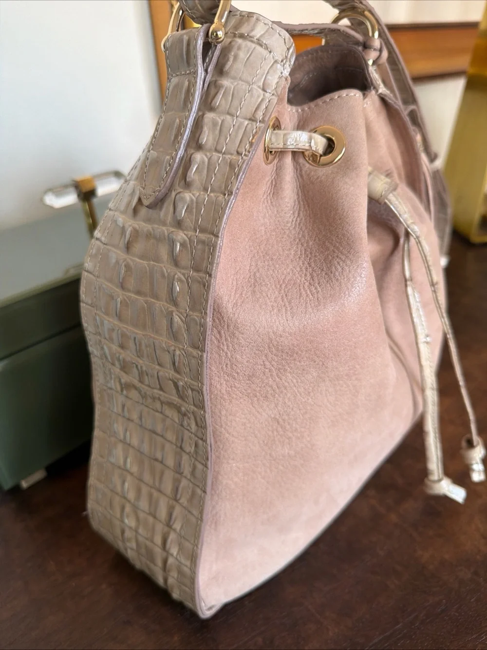 Brahmin Blush Taupe Drawstring Hobo Bucket Bag alligator embossed Tassel